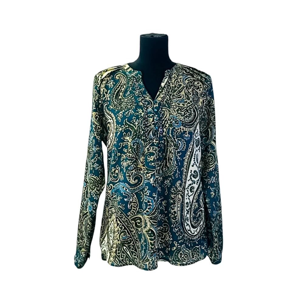 Dress Barn Blue Green Paisley V-Neck Long Sleeve Blouse Women's Small